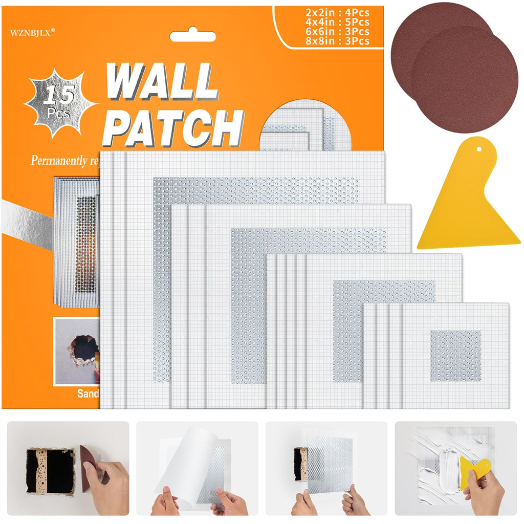 Wall Patch Kit, 15 Pieces Aluminum Self-Adhesive Mesh Repair Patches for Drywall, Multiple Sizes 2/4/6/8 Inch, Permanently Repairs Damaged Walls and Ceilings