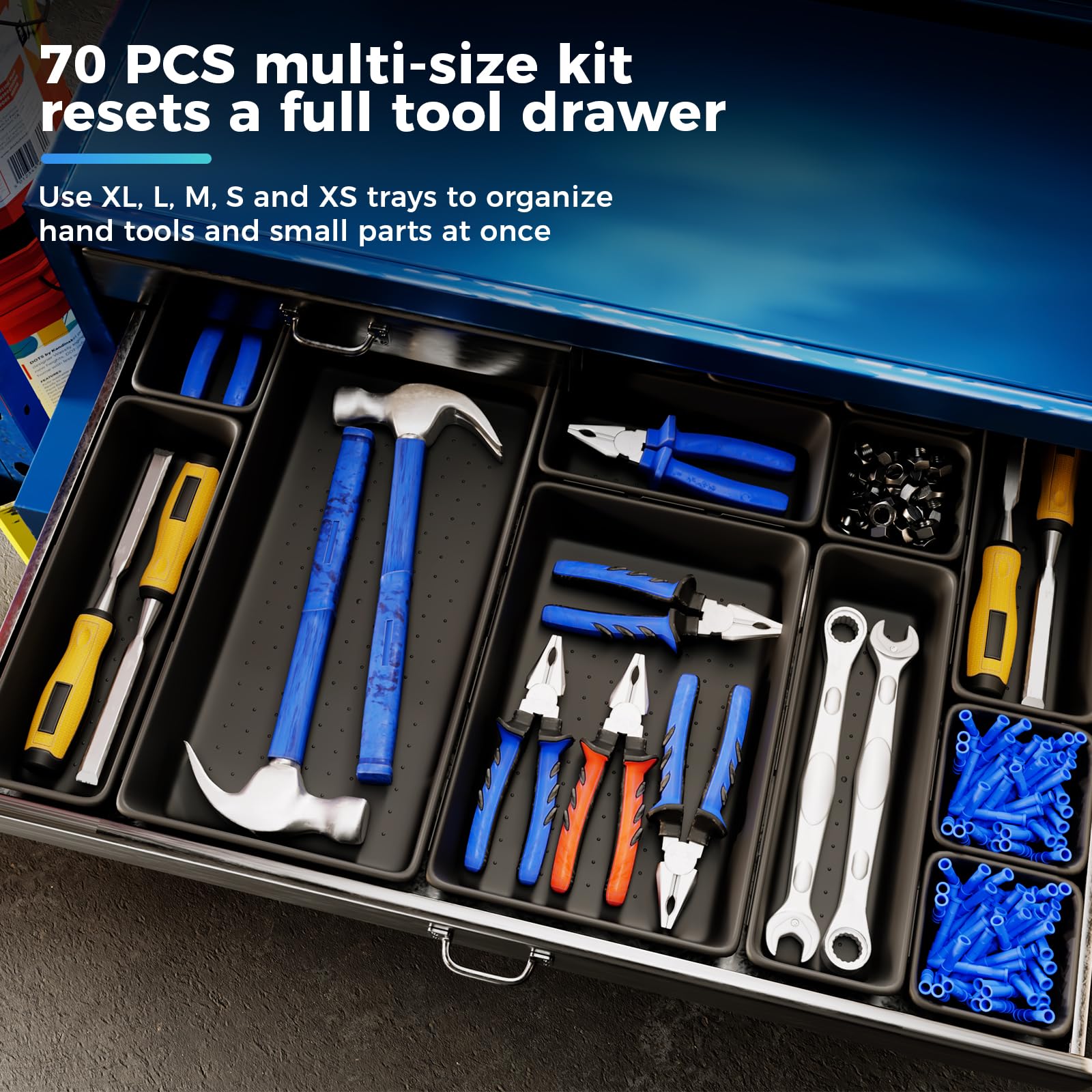 70 PCS Tool Box Organizer Tray & Drawer Organizer Set, 5 Size Interlocking Bins for Garage Tool Storage, Mechanic Tool Chest, Rolling Cart, Workbench Drawers with EVA Non Slip Pads
