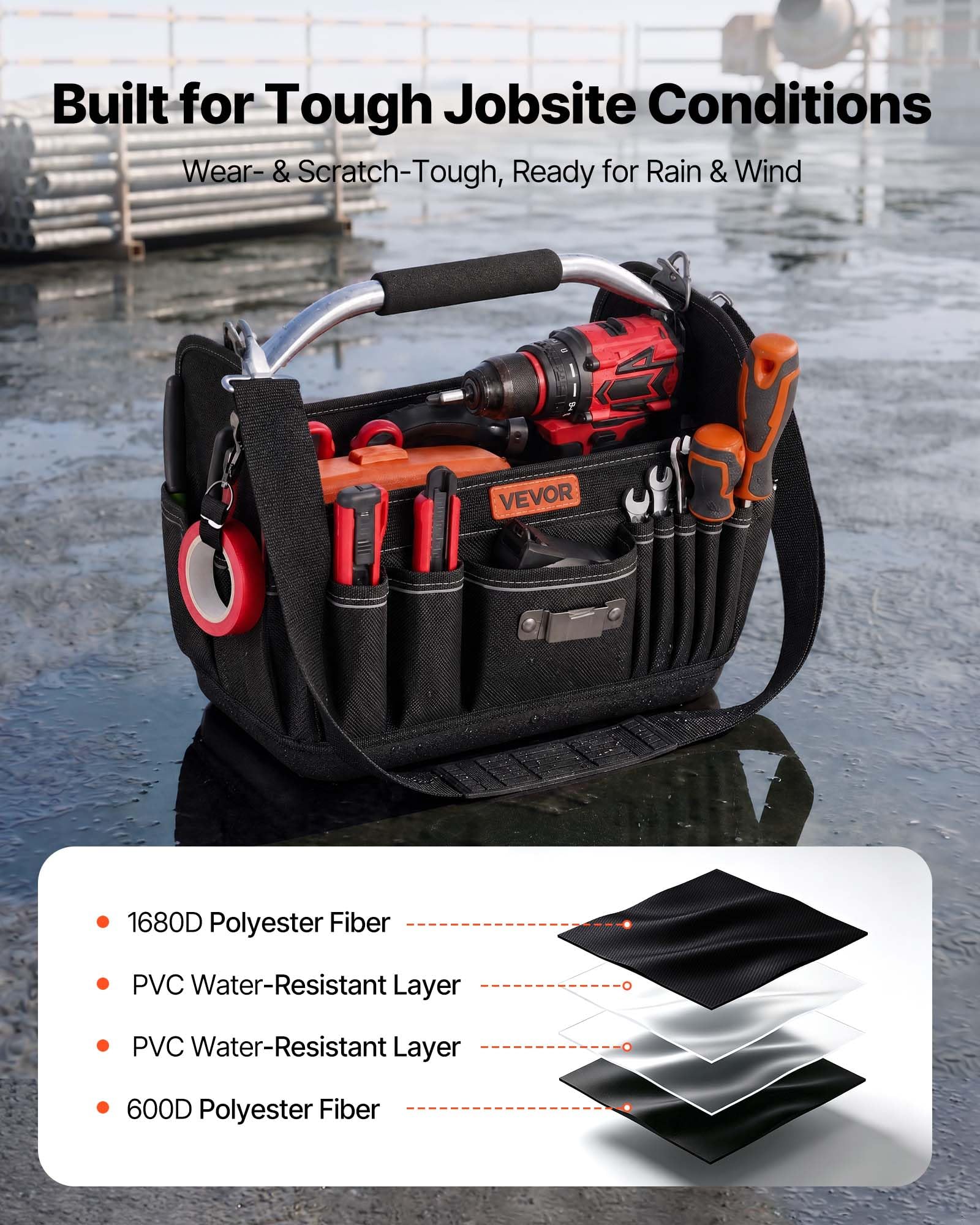 VEVOR Tool Bag, 13 Inch, 33-Pocket Open Top Tool Tote, Portable Electrical Maintenance Toolbox Organizer Storage with Hard Plastic Base, Adjustable Shoulder Strap, for Professionals DIY & Jobsite Use