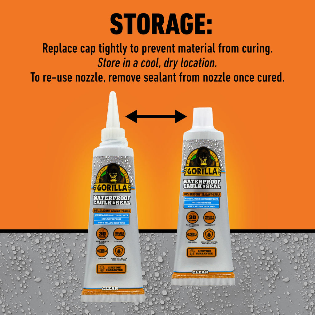 Gorilla 100% Silicone Caulk, Waterproof Sealant, 2.8oz Squeeze Tube
