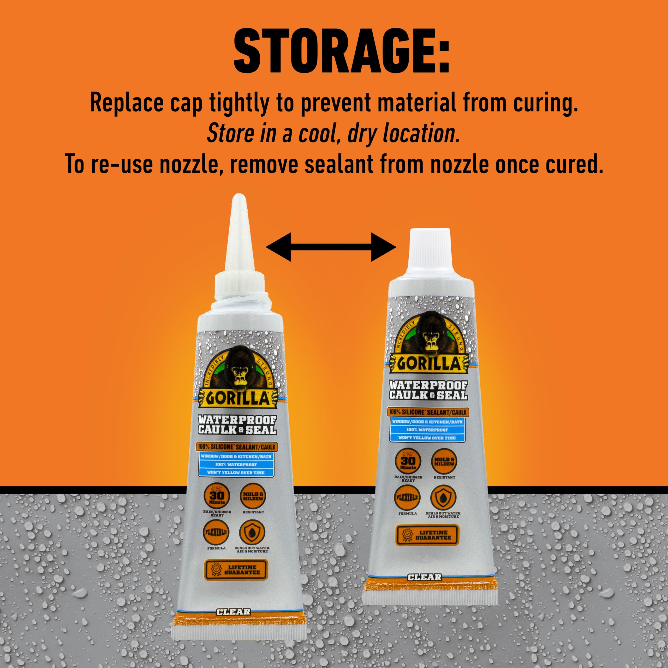 Gorilla 100% Silicone Caulk, Waterproof Sealant, 2.8oz Squeeze Tube