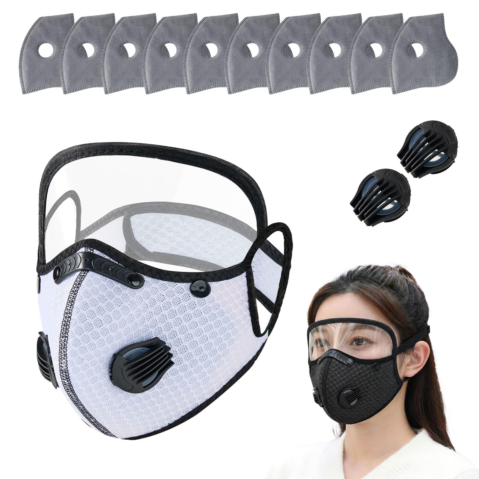 Reusable Carbon Filter Dust Mask with Eye Protection, 10 Filters