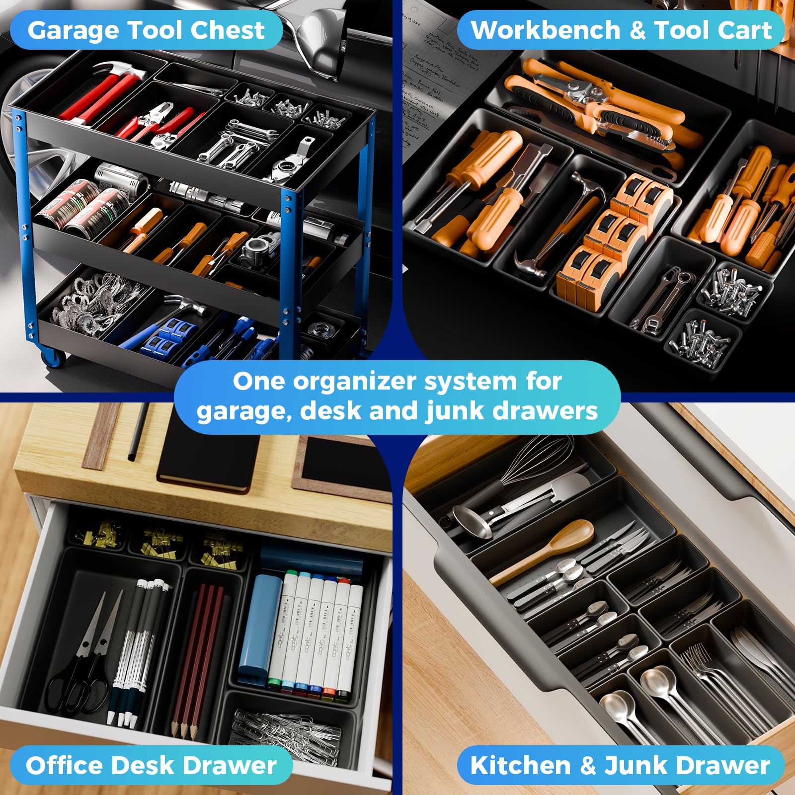 70 PCS Tool Box Organizer Tray & Drawer Organizer Set, 5 Size Interlocking Bins for Garage Tool Storage, Mechanic Tool Chest, Rolling Cart, Workbench Drawers with EVA Non Slip Pads