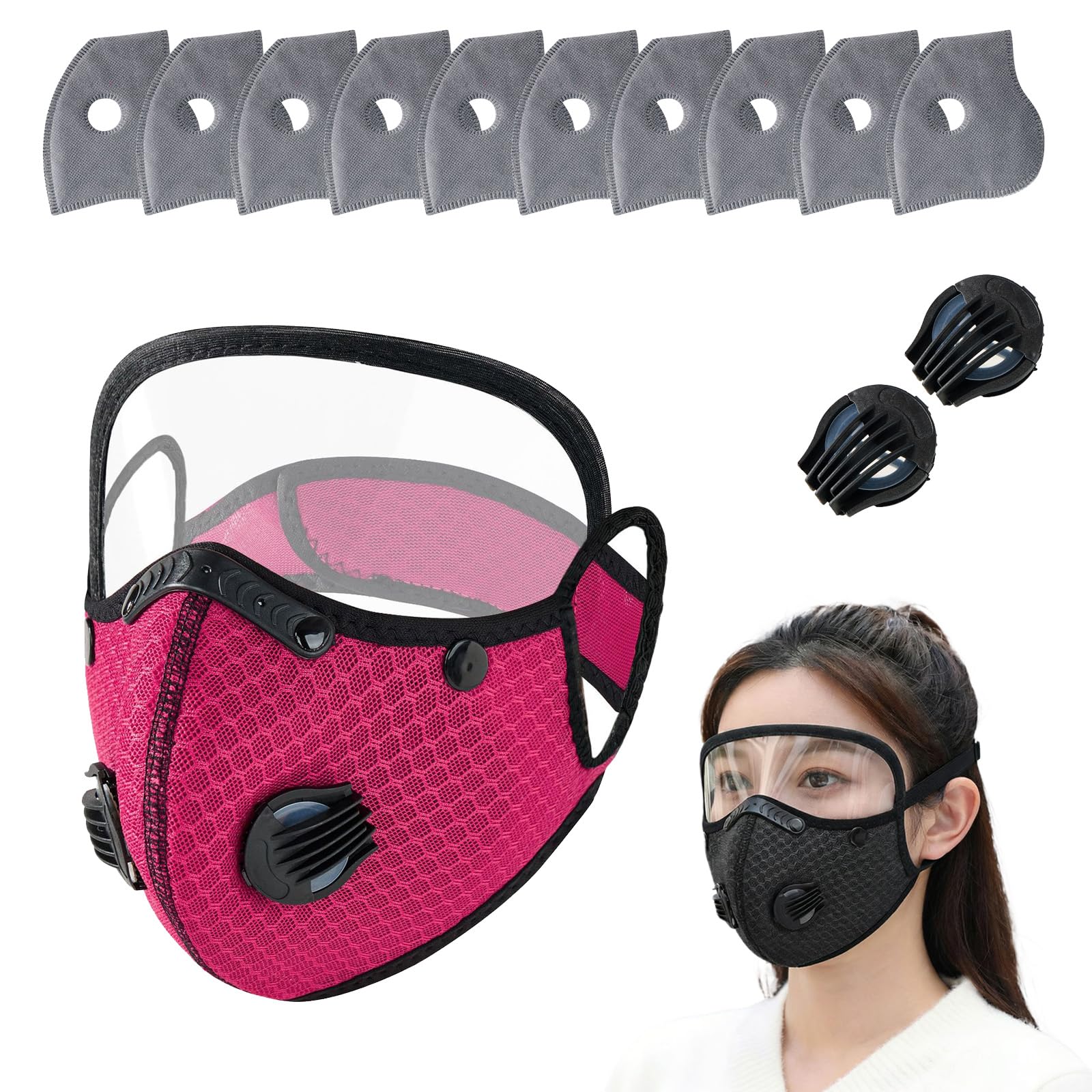 Reusable Carbon Filter Dust Mask with Eye Protection, 10 Filters