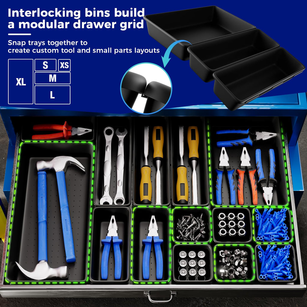 70 PCS Tool Box Organizer Tray & Drawer Organizer Set, 5 Size Interlocking Bins for Garage Tool Storage, Mechanic Tool Chest, Rolling Cart, Workbench Drawers with EVA Non Slip Pads
