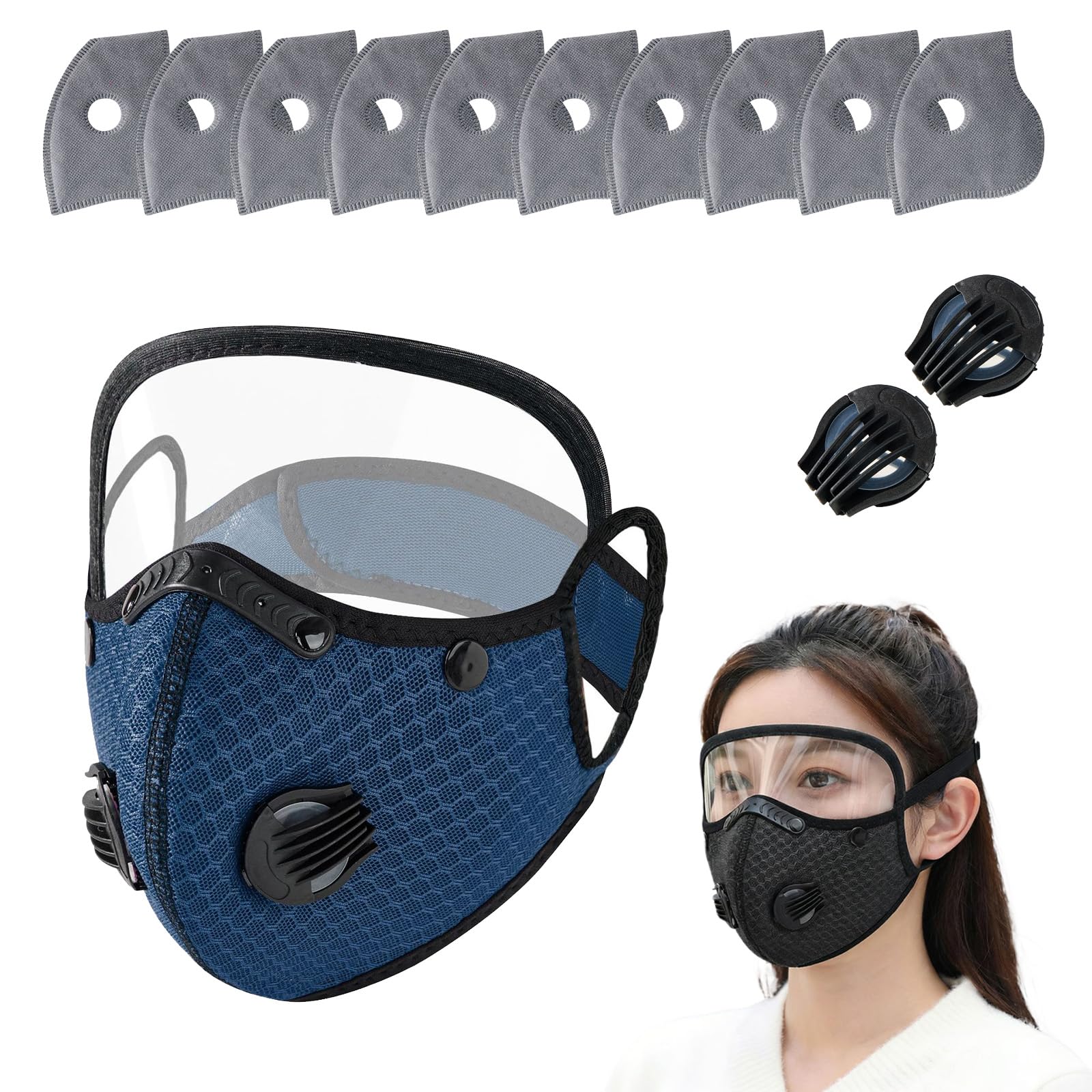 Reusable Carbon Filter Dust Mask with Eye Protection, 10 Filters