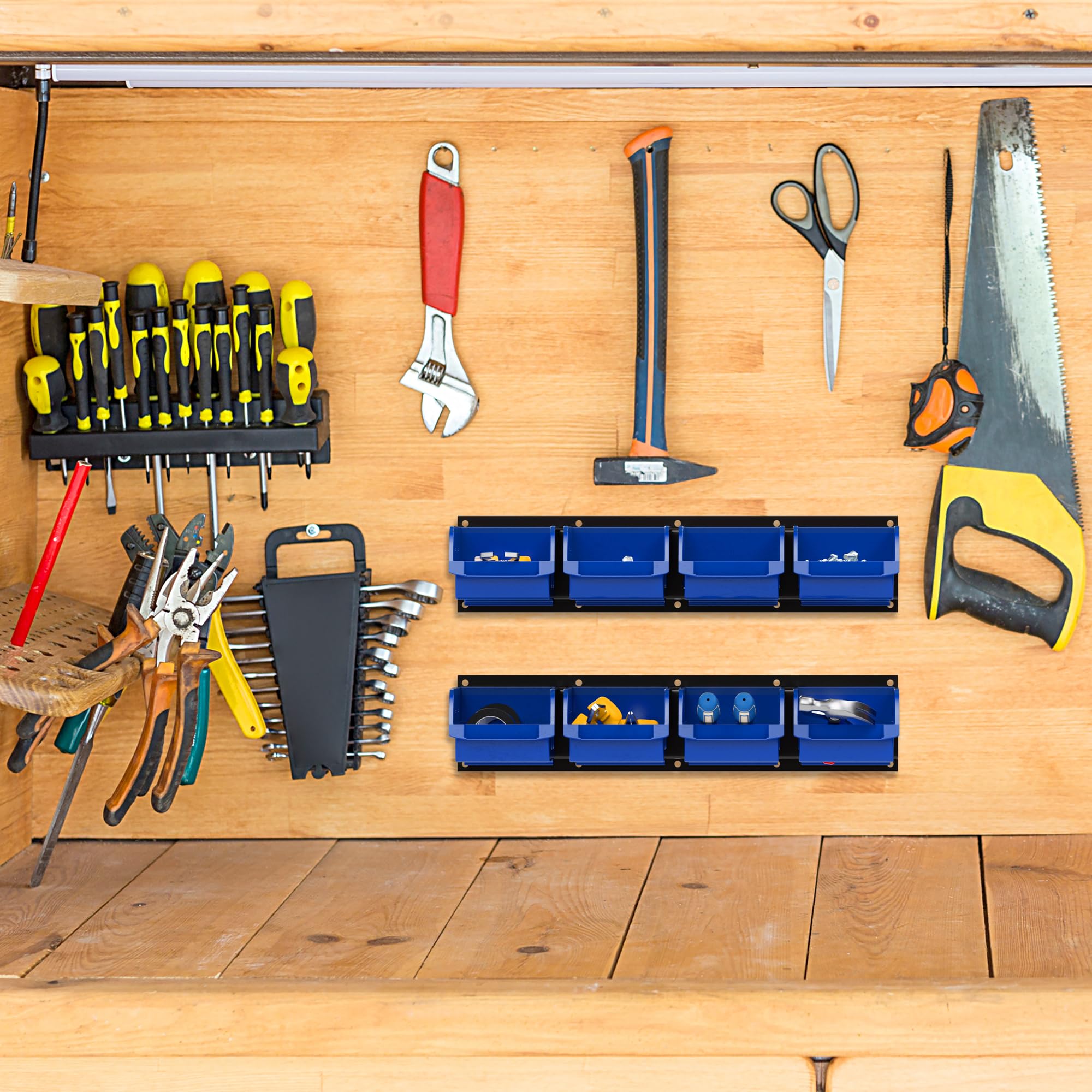UNITEDPOWER Wall Storage Bins, Storage Rack 8 Bins&2 Rails Wall Mount Tool Organizer for Garage