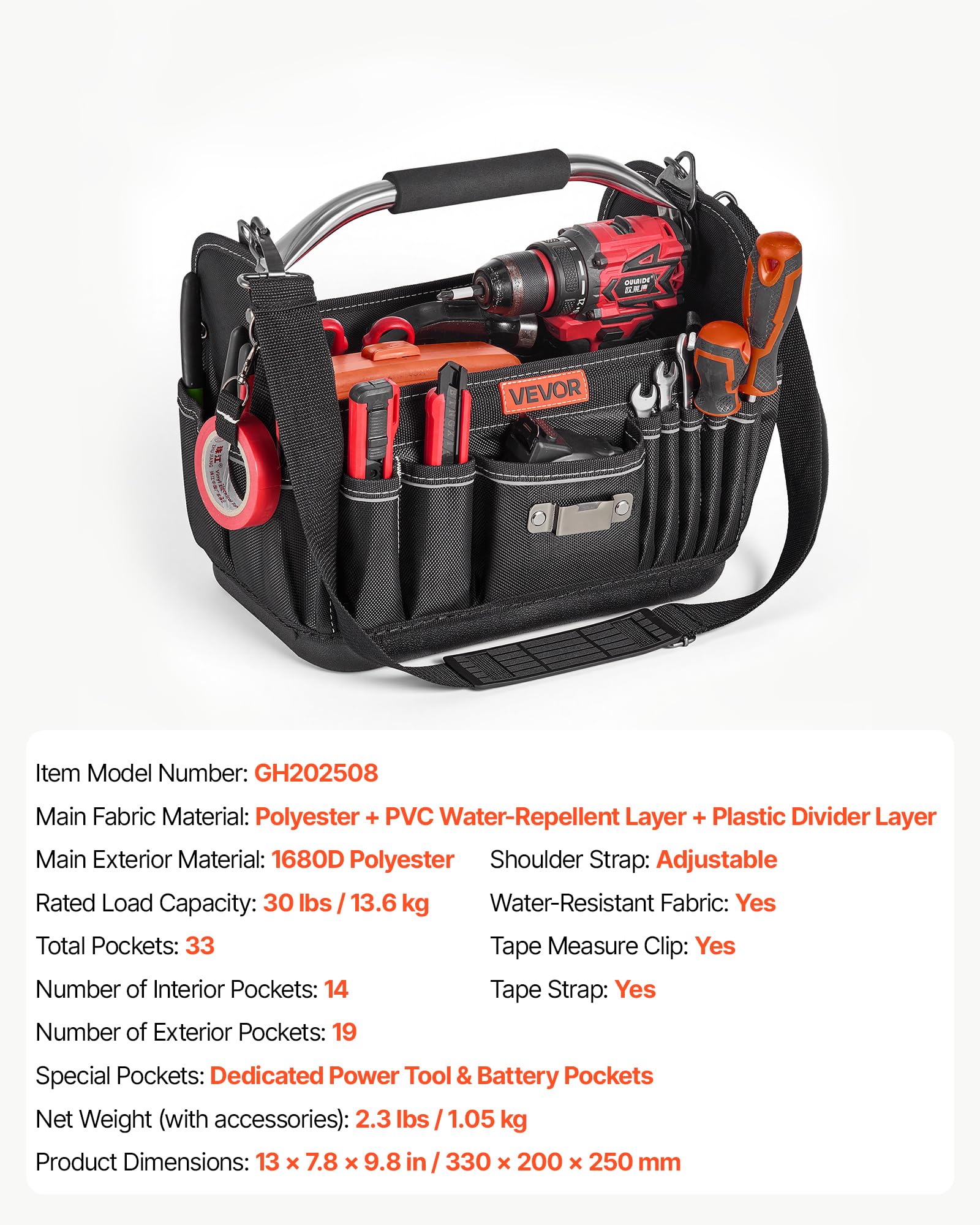 VEVOR Tool Bag, 13 Inch, 33-Pocket Open Top Tool Tote, Portable Electrical Maintenance Toolbox Organizer Storage with Hard Plastic Base, Adjustable Shoulder Strap, for Professionals DIY & Jobsite Use