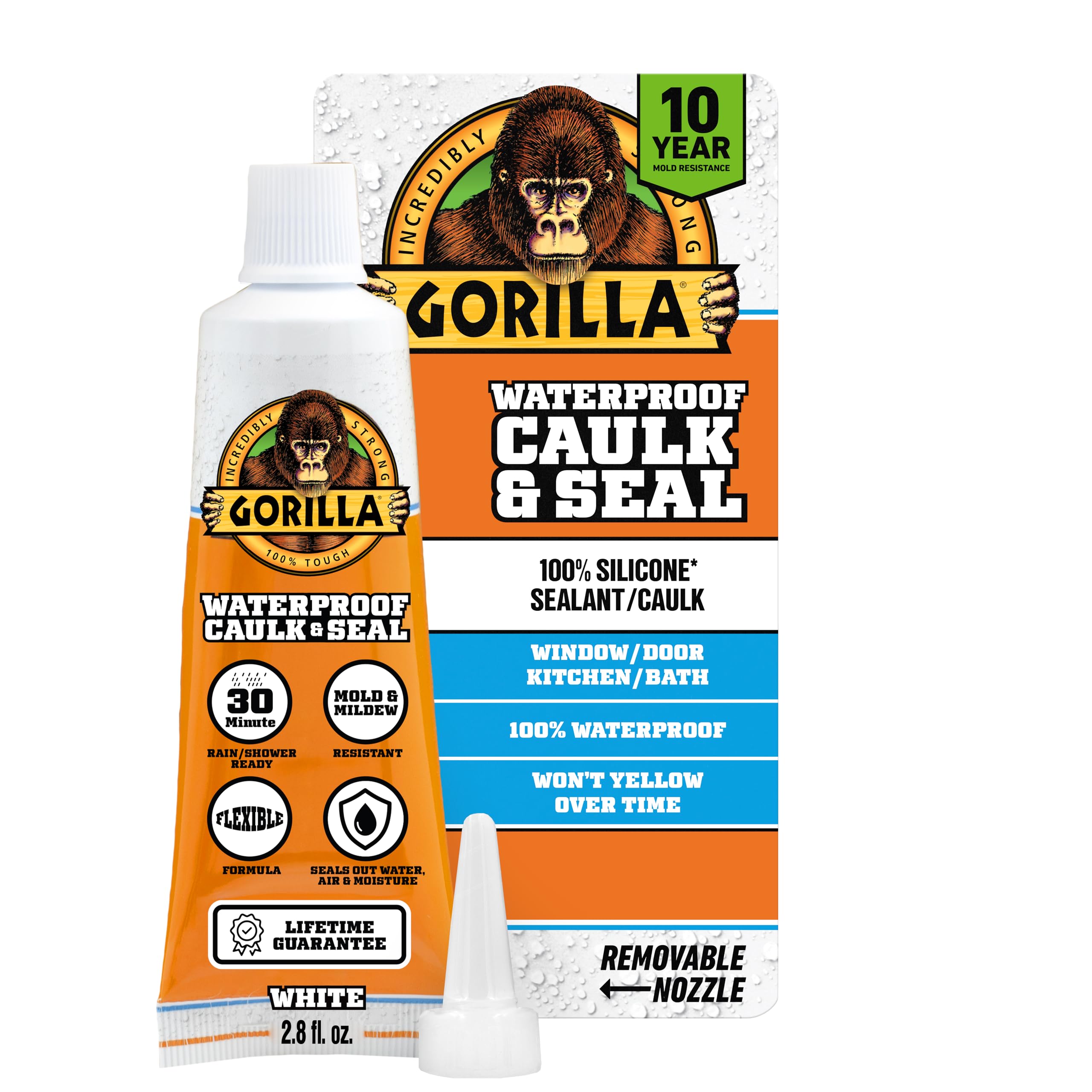 Gorilla 100% Silicone Caulk, Waterproof Sealant, 2.8oz Squeeze Tube