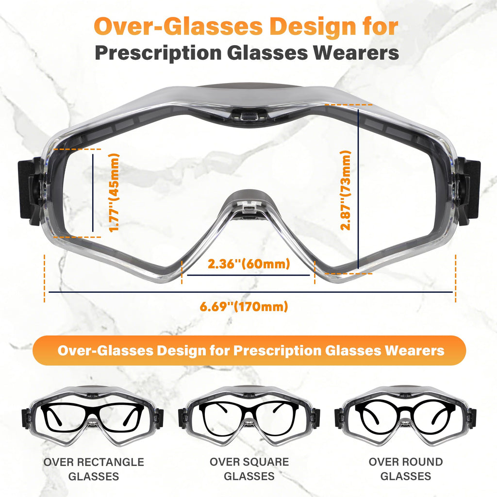 Safety Goggles Over Glasses, Anti Fog ANSI Z87.1 Scratch & Impact Resistance UV Protection