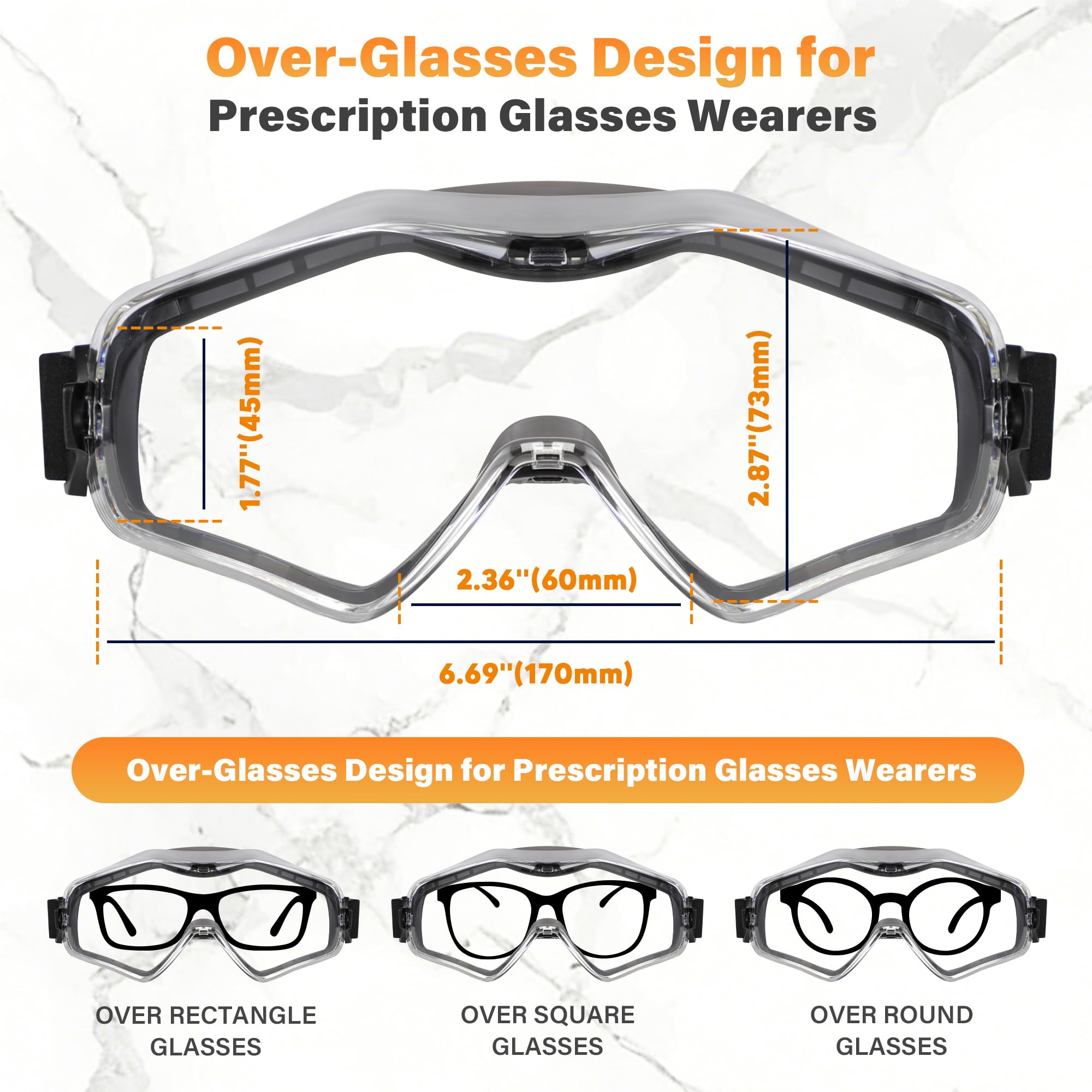 Safety Goggles Over Glasses, Anti Fog ANSI Z87.1 Scratch & Impact Resistance UV Protection