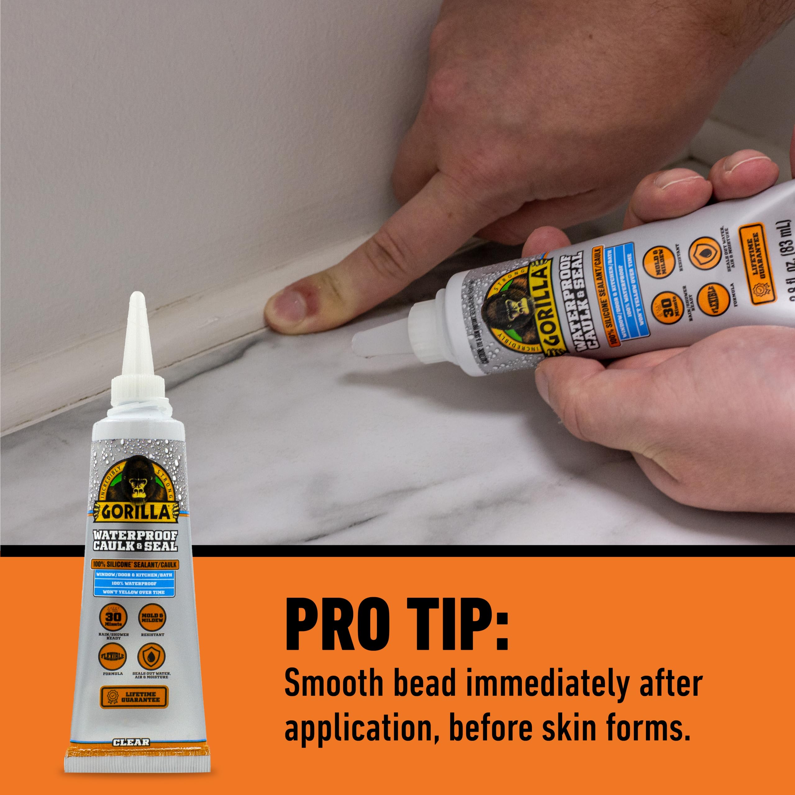 Gorilla 100% Silicone Caulk, Waterproof Sealant, 2.8oz Squeeze Tube