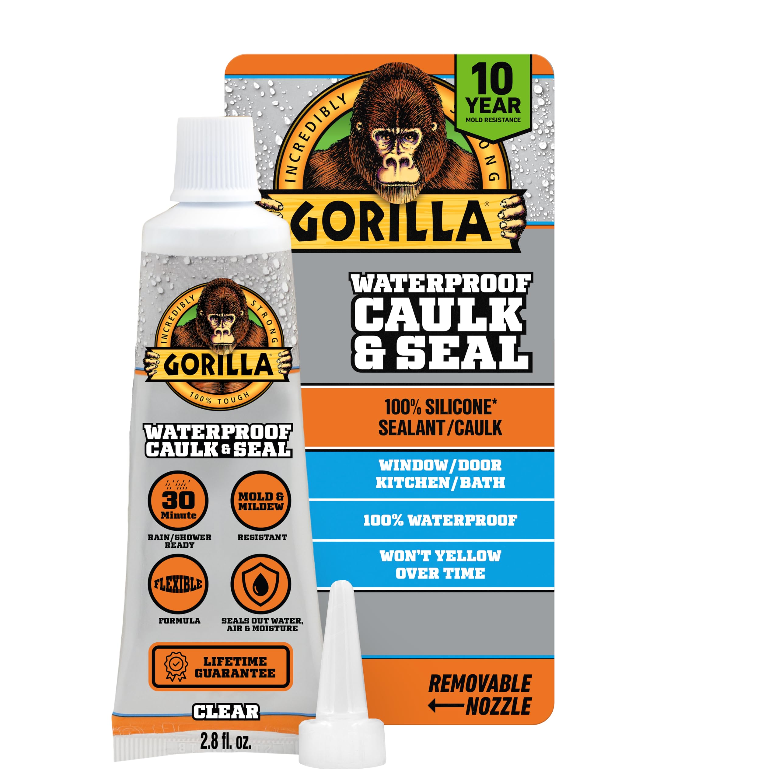 Gorilla 100% Silicone Caulk, Waterproof Sealant, 2.8oz Squeeze Tube