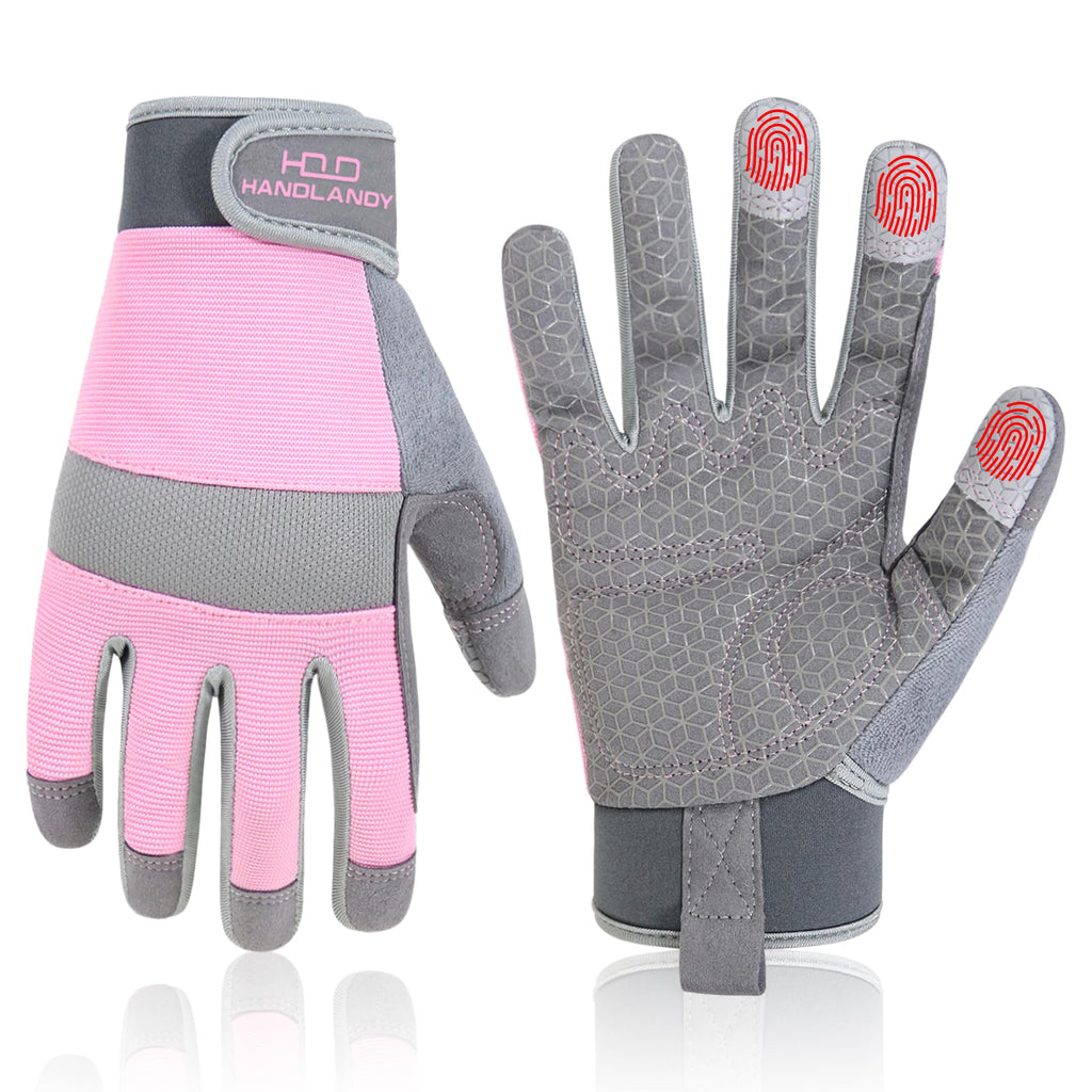 HANDLANDY Work Gloves for Women, Breathable Leather Gardening Glove for Yard Maintenance, Hand Protection with Touch Screen