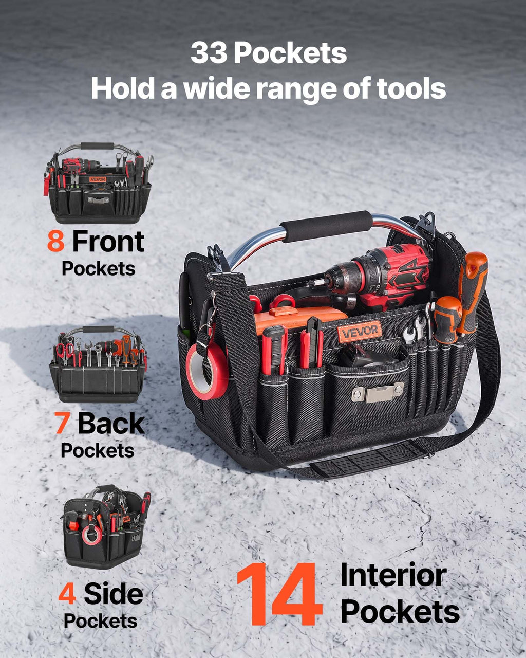 VEVOR Tool Bag, 13 Inch, 33-Pocket Open Top Tool Tote, Portable Electrical Maintenance Toolbox Organizer Storage with Hard Plastic Base, Adjustable Shoulder Strap, for Professionals DIY & Jobsite Use