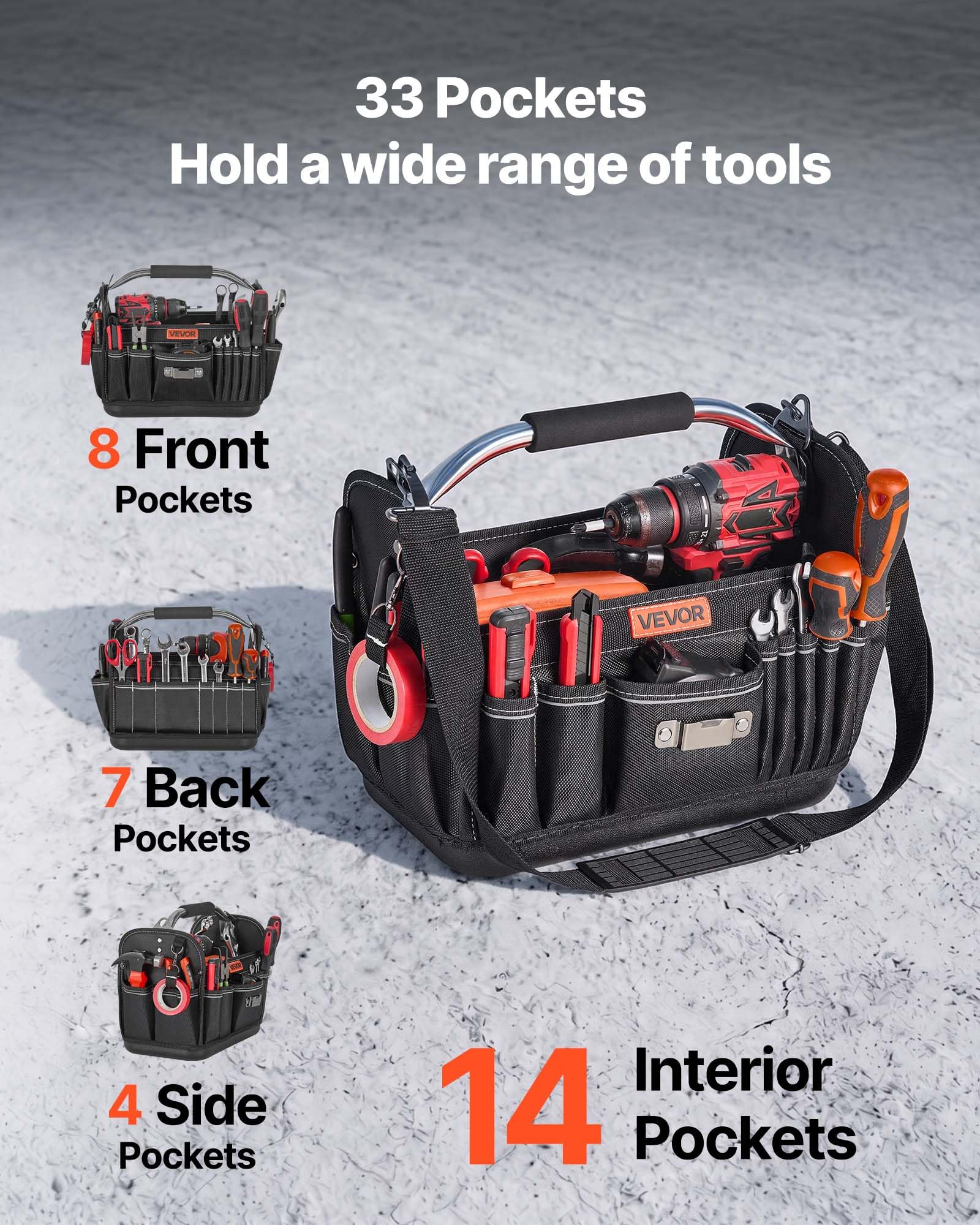 VEVOR Tool Bag, 13 Inch, 33-Pocket Open Top Tool Tote, Portable Electrical Maintenance Toolbox Organizer Storage with Hard Plastic Base, Adjustable Shoulder Strap, for Professionals DIY & Jobsite Use