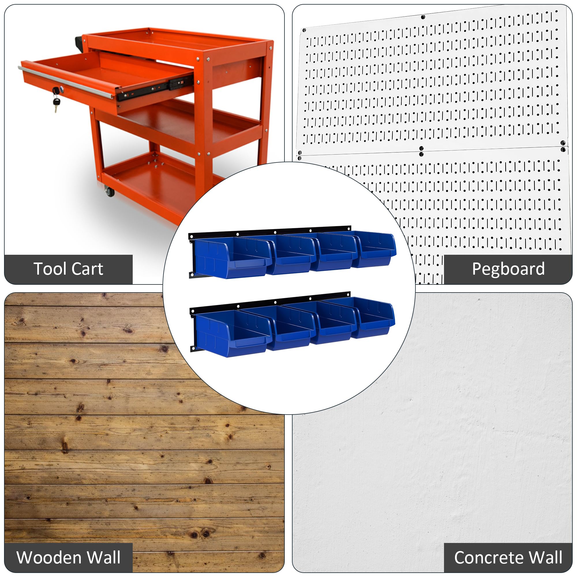 UNITEDPOWER Wall Storage Bins, Storage Rack 8 Bins&2 Rails Wall Mount Tool Organizer for Garage