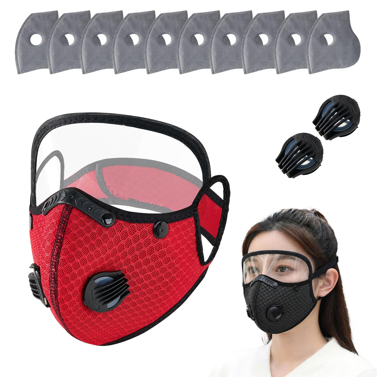 Reusable Carbon Filter Dust Mask with Eye Protection, 10 Filters