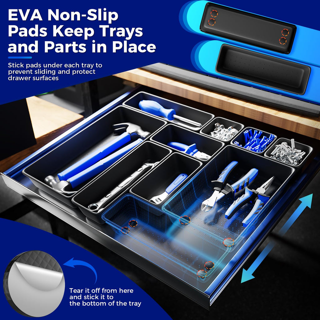 70 PCS Tool Box Organizer Tray & Drawer Organizer Set, 5 Size Interlocking Bins for Garage Tool Storage, Mechanic Tool Chest, Rolling Cart, Workbench Drawers with EVA Non Slip Pads