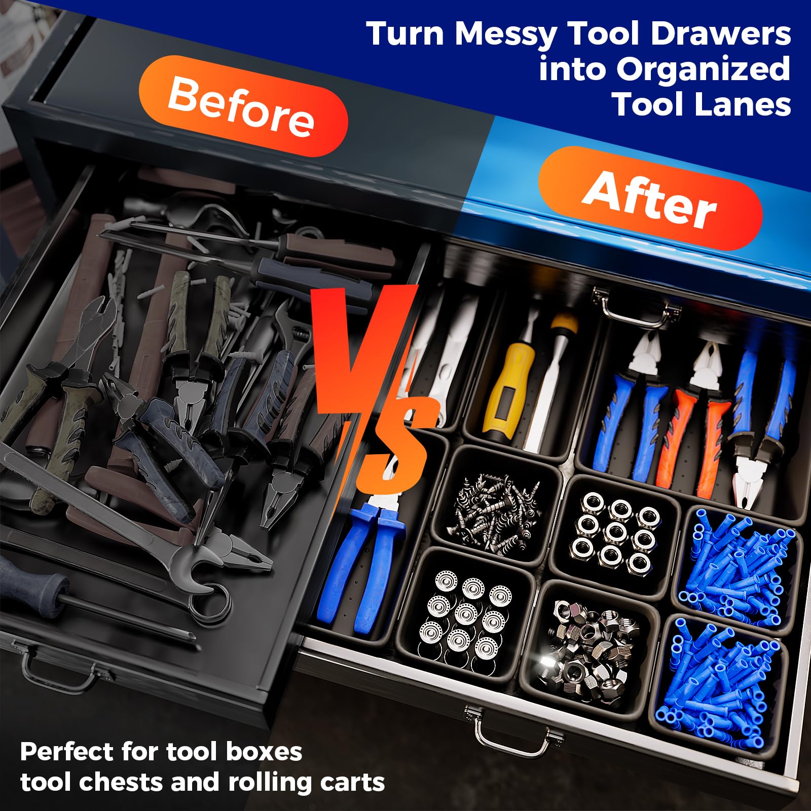 70 PCS Tool Box Organizer Tray & Drawer Organizer Set, 5 Size Interlocking Bins for Garage Tool Storage, Mechanic Tool Chest, Rolling Cart, Workbench Drawers with EVA Non Slip Pads