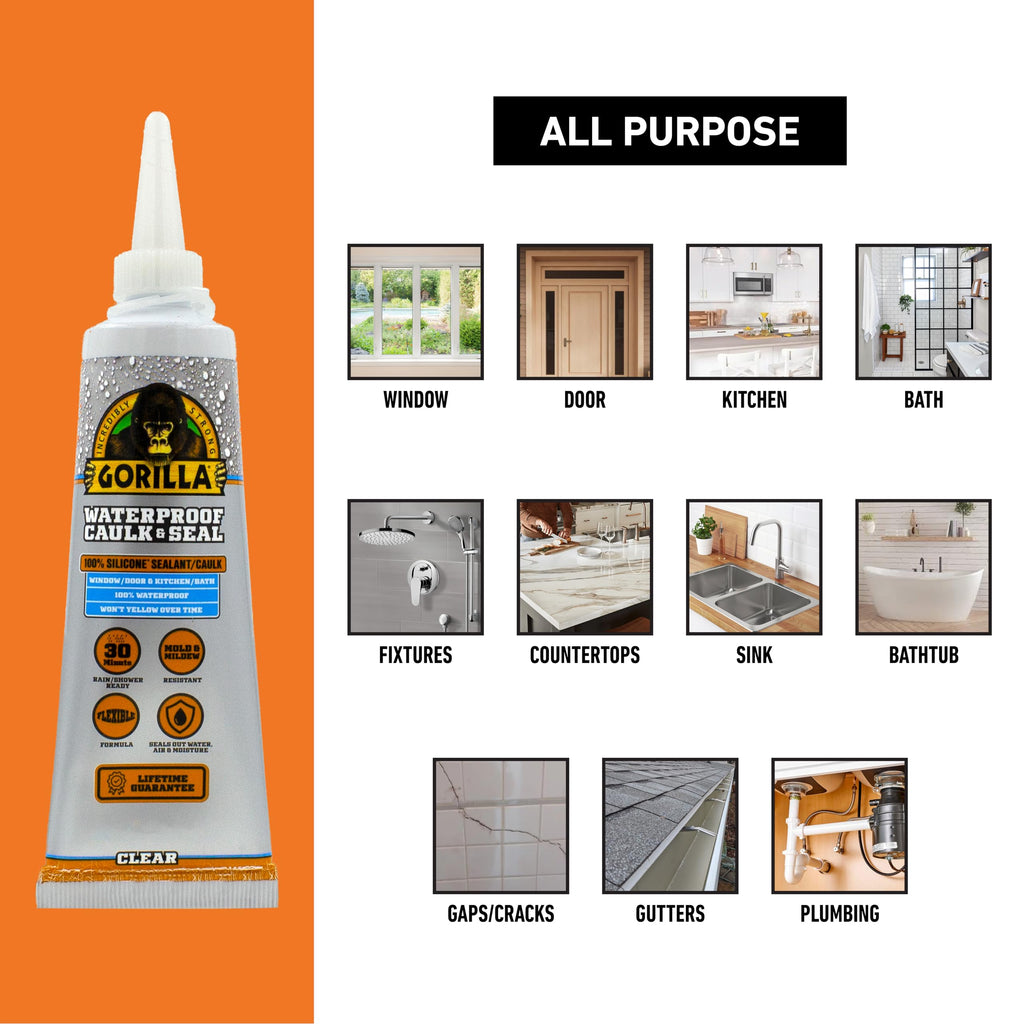 Gorilla 100% Silicone Caulk, Waterproof Sealant, 2.8oz Squeeze Tube