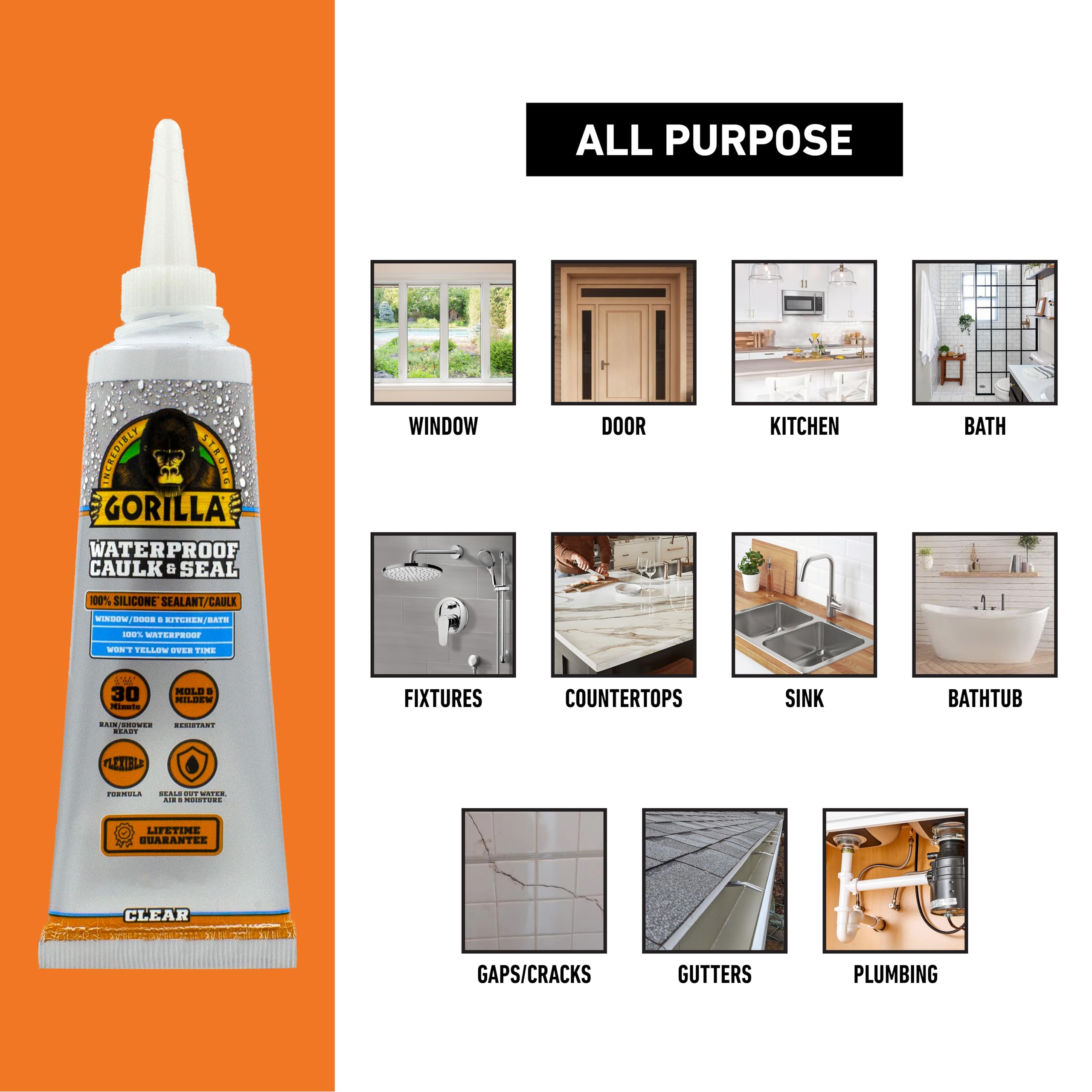 Gorilla 100% Silicone Caulk, Waterproof Sealant, 2.8oz Squeeze Tube