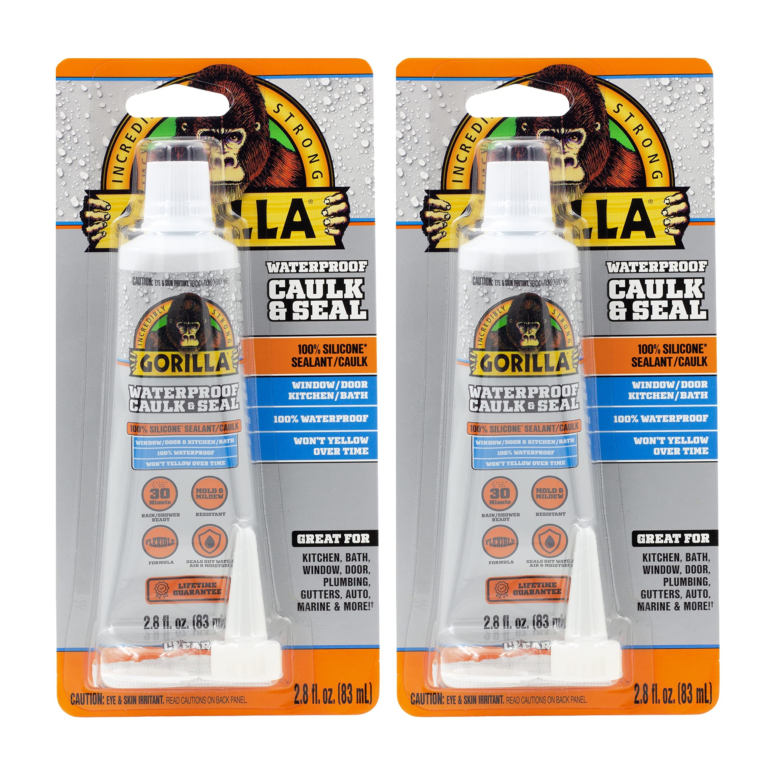 Gorilla 100% Silicone Waterproof Caulk 2.8 oz Tube